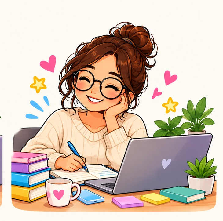 Una mujer adulta estudia inglés, escribe en su cuaderno y usa una computadora.