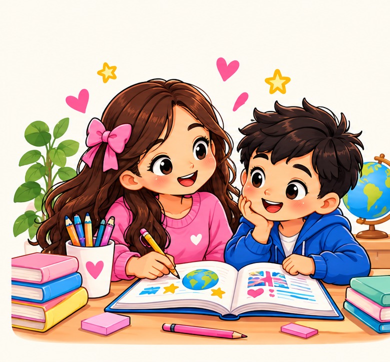 Una niña y un niño estudian inglés juntos con un libro ilustrado y materiales escolares.
