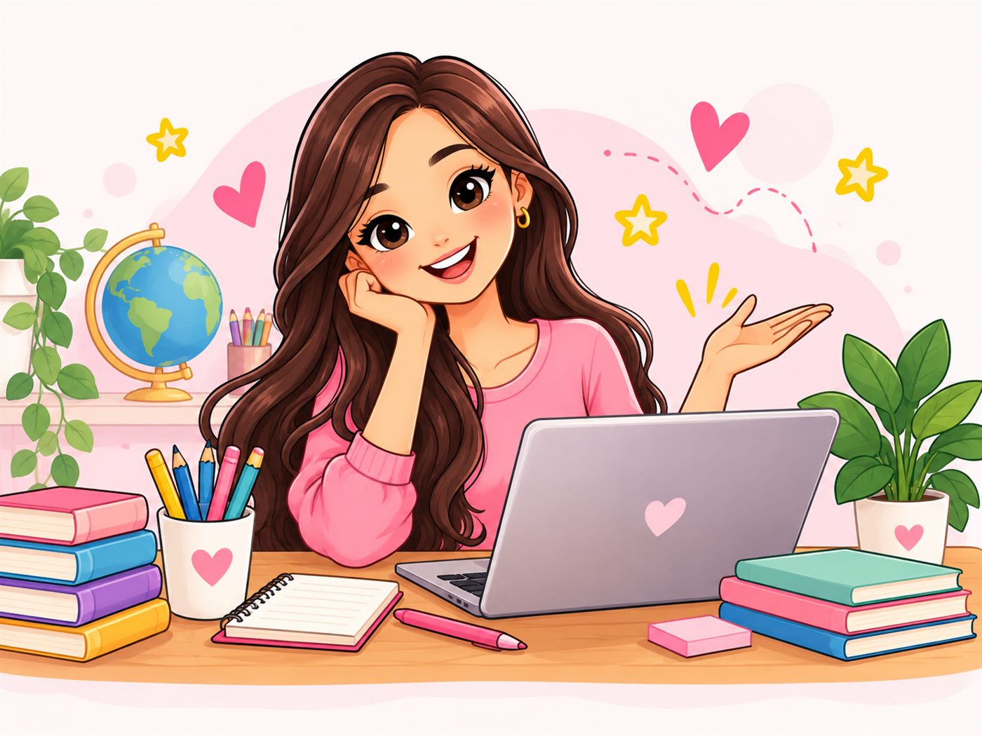 Andrea, ilustrada sola en su escritorio, con laptop, libros, lápices y un globo terráqueo.