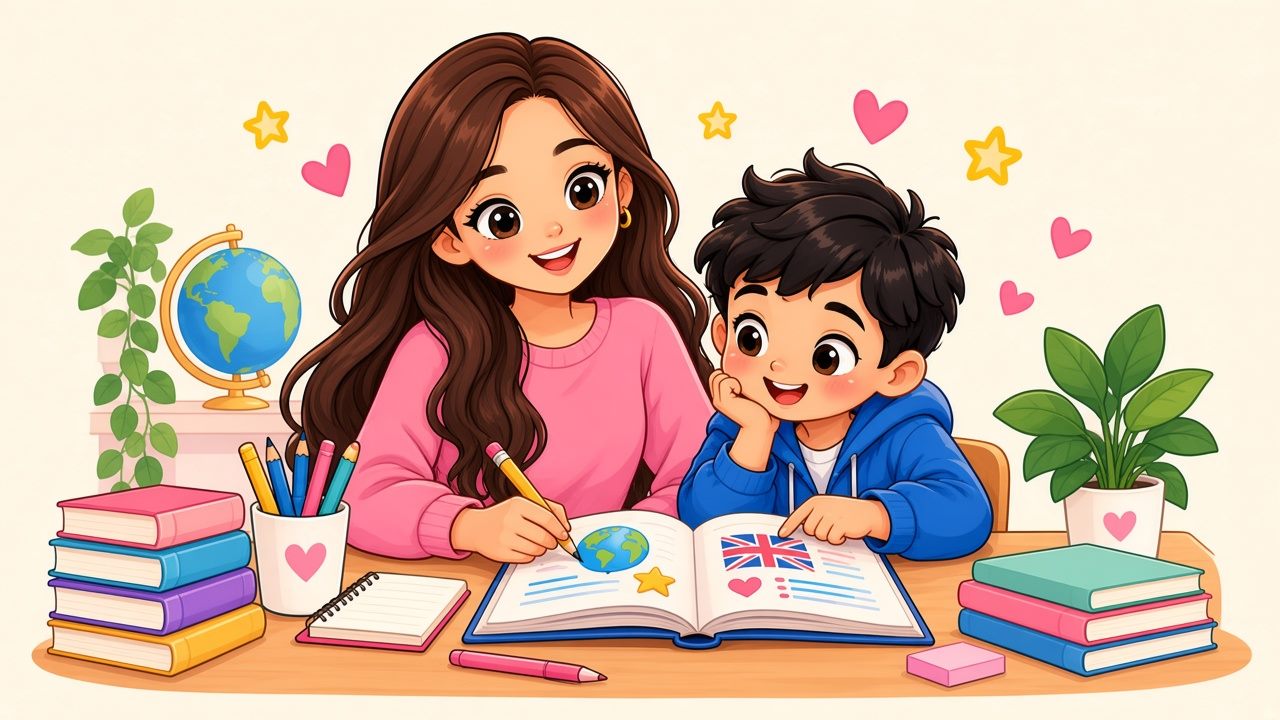 Una tutora acompaña a un estudiante con un libro de inglés abierto sobre la mesa.