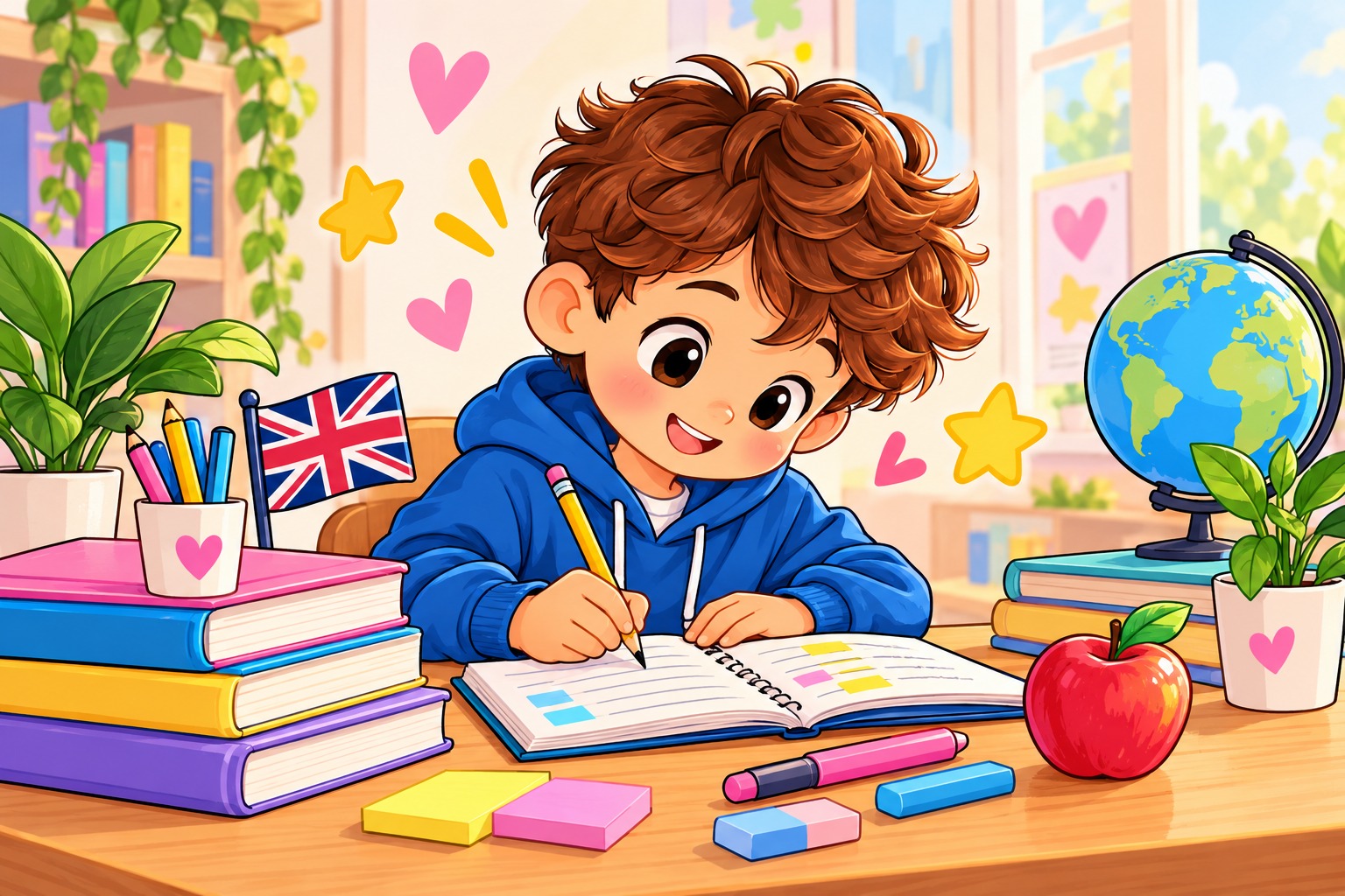 Estudiante realiza sus tareas en un cuaderno con libros, lápices y materiales escolares.